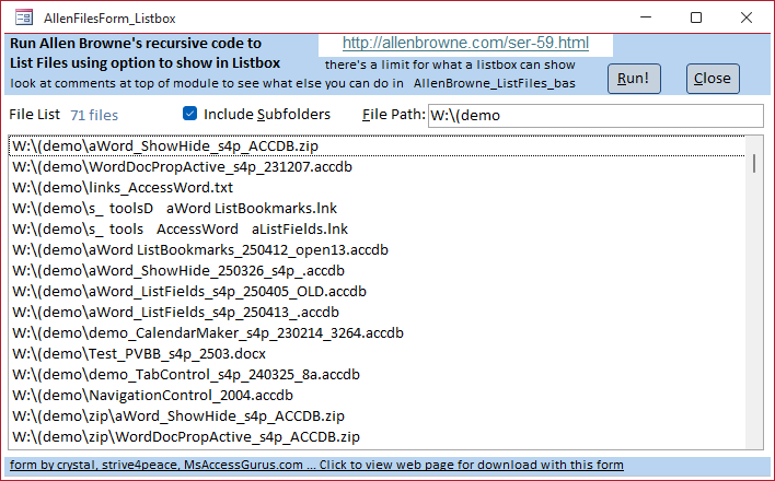 results in listbox of List Files code by Allen Browne